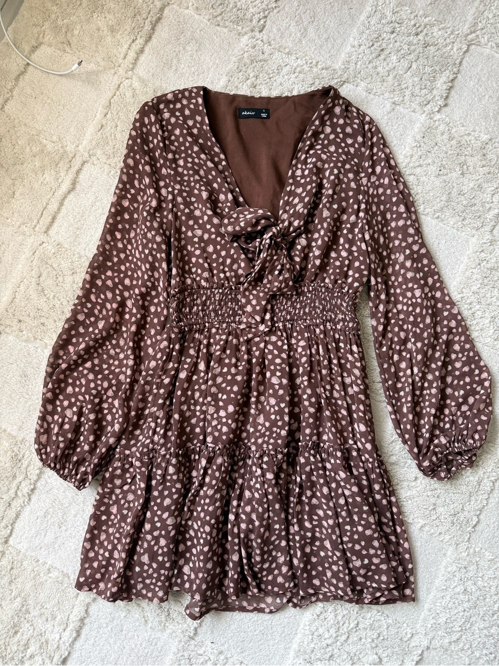 Smocked Brown Mini Dress with Pink Dot Print - Tie V-Neck